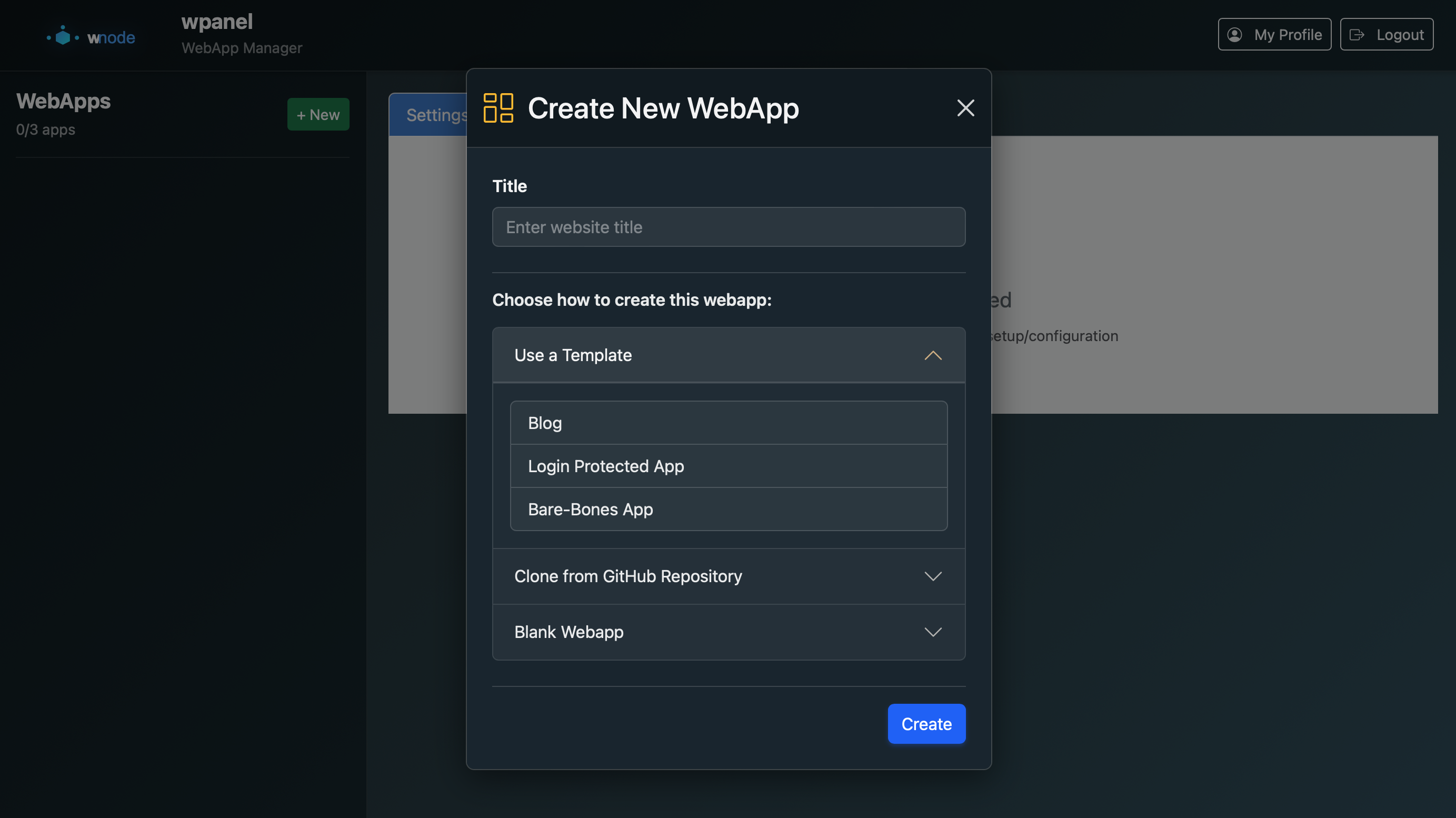 New app dialog of wpanel AppManager
